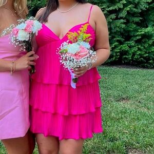 Hot Pink Hoco dress pleated silk tiered